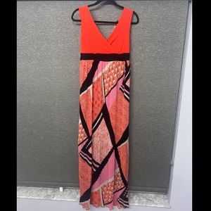 Italian Designer Pleated Maxi Dress – Red Pink Geometric – NWT 44 (Chiara Bruni)